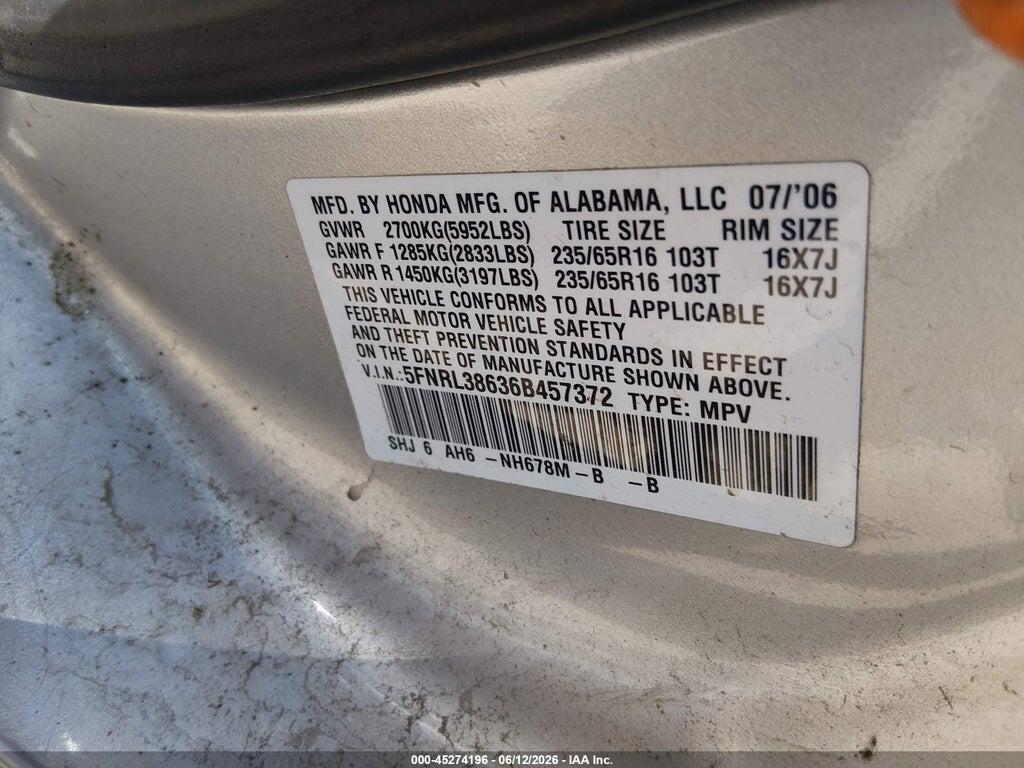 5FNRL38636B457372 2006 HONDA ODYSSEY photo no. 9