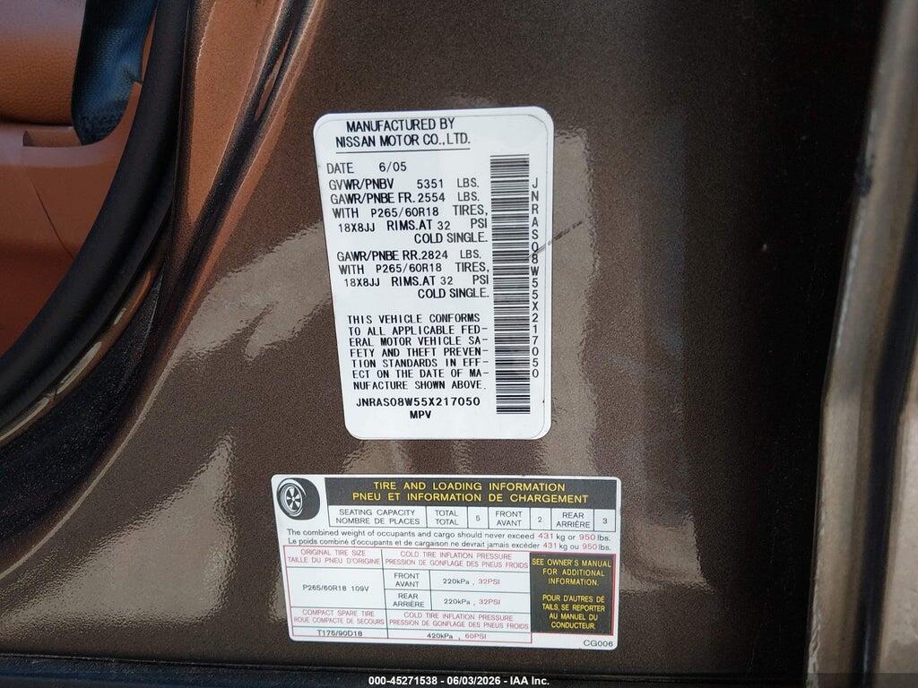 JNRAS08W55X217050 2005 INFINITI FX35 photo no. 9