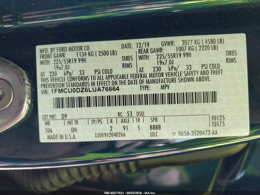1FMCU0DZ6LUA76664 2020 FORD ESCAPE photo no. 9