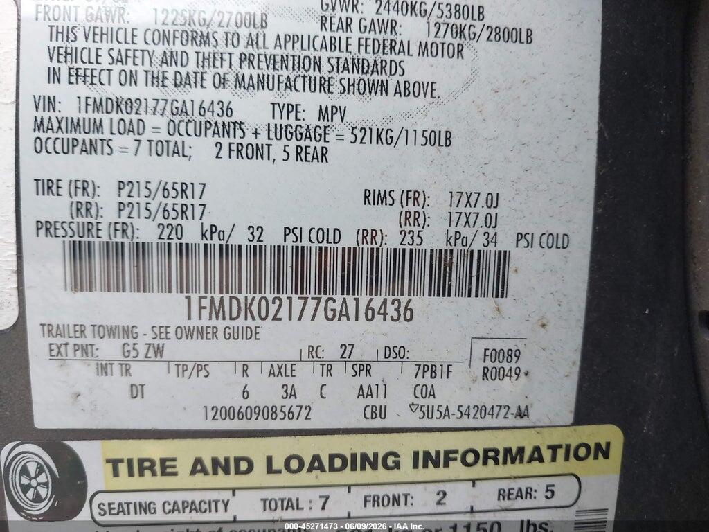 1FMDK02177GA16436 2007 FORD FREESTYLE photo no. 9