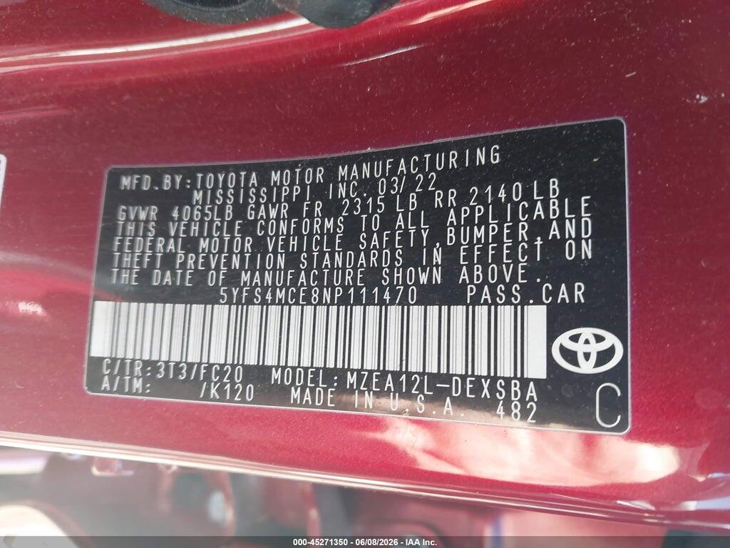 5YFS4MCE8NP111470 2022 TOYOTA COROLLA photo no. 9