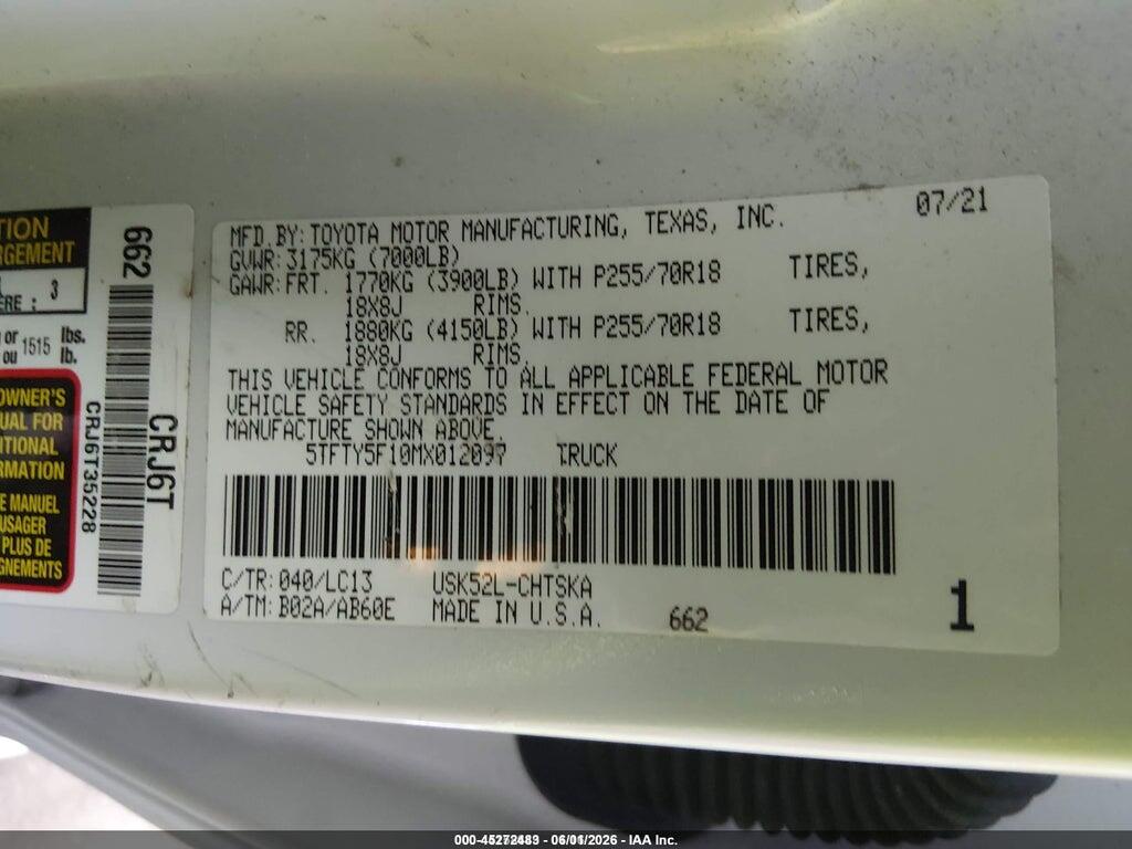 5TFTY5F10MX012097 2021 TOYOTA TUNDRA photo no. 9