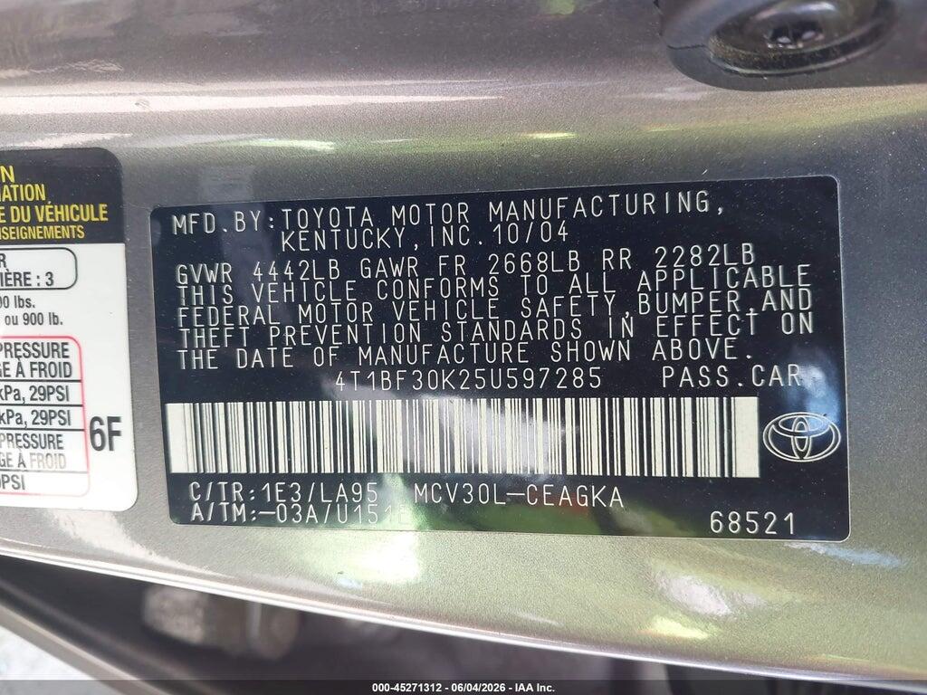 4T1BF30K25U597285 2005 TOYOTA CAMRY photo no. 9