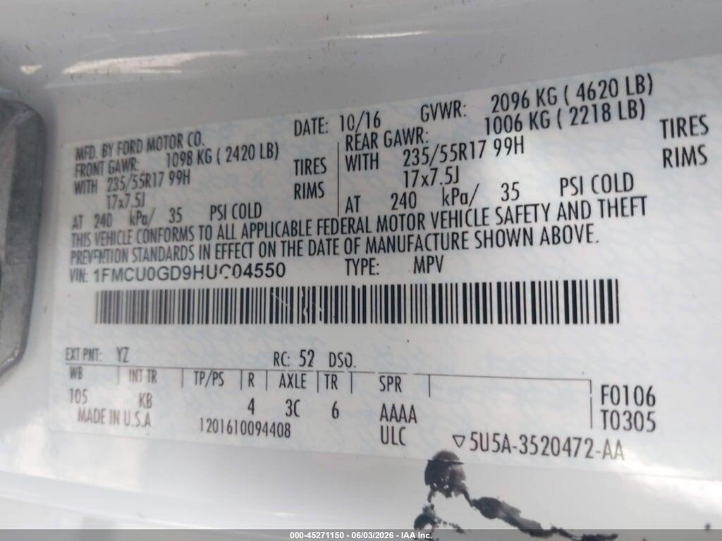 1FMCU0GD9HUC04550 2017 FORD ESCAPE photo no. 9