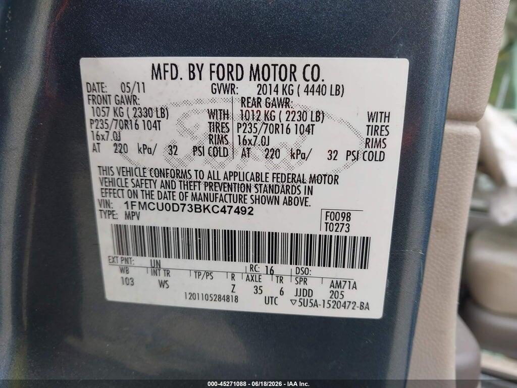 1FMCU0D73BKC47492 2011 FORD ESCAPE photo no. 9