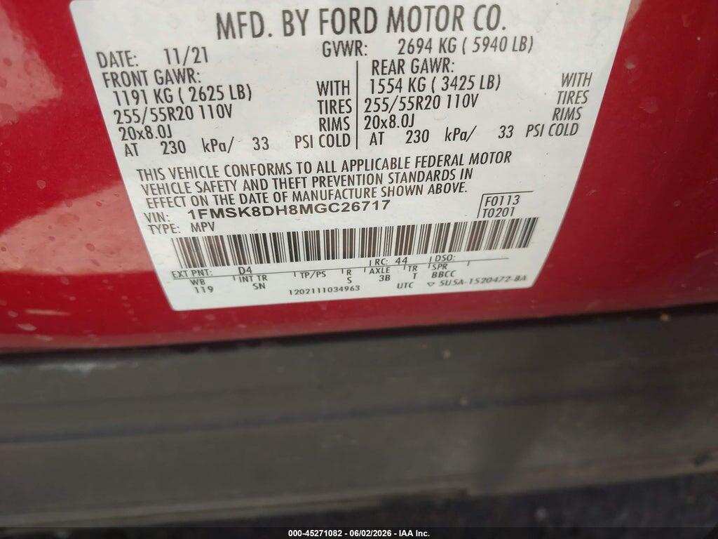 1FMSK8DH8MGC26717 2021 FORD EXPLORER photo no. 9