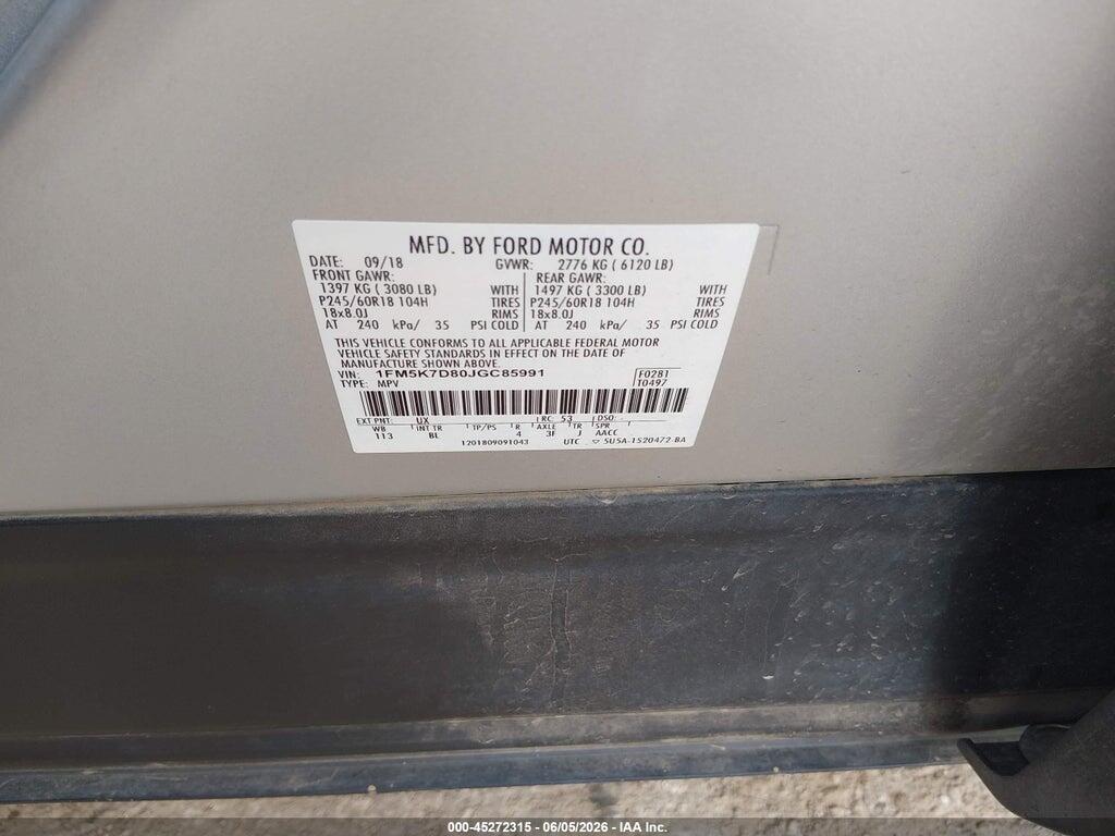 1FM5K7D80JGC85991 2018 FORD EXPLORER photo no. 9