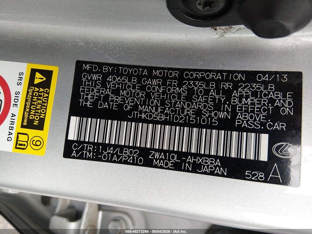 JTHKD5BH1D2151015 2013 LEXUS CT 200H photo no. 9