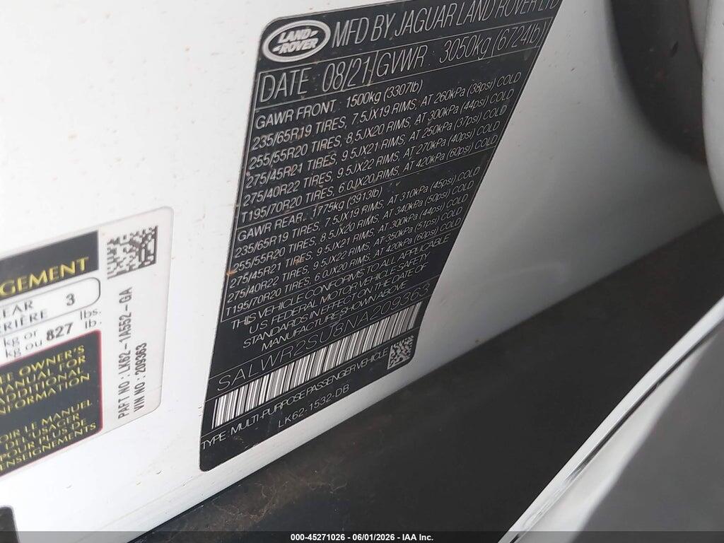 SALWR2SU8NA209363 2022 LAND ROVER RANGE ROVER SPORT photo no. 9
