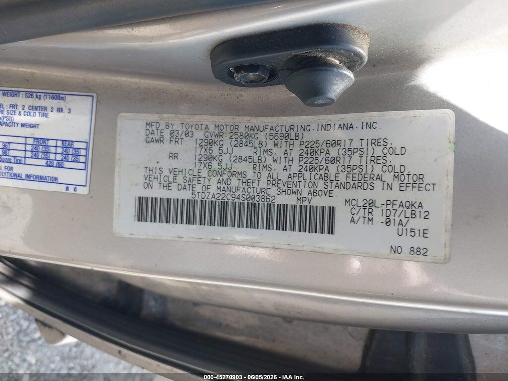 5TDZA22C94S003862 2004 TOYOTA SIENNA photo no. 9