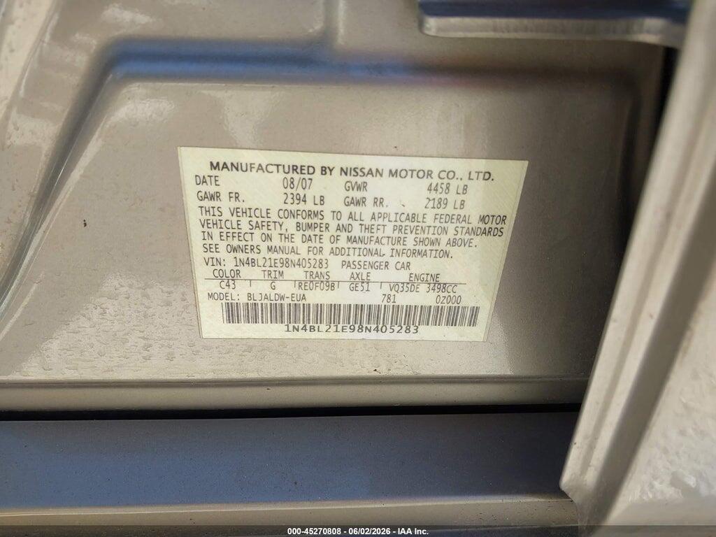 1N4BL21E98N405283 2008 NISSAN ALTIMA photo no. 9