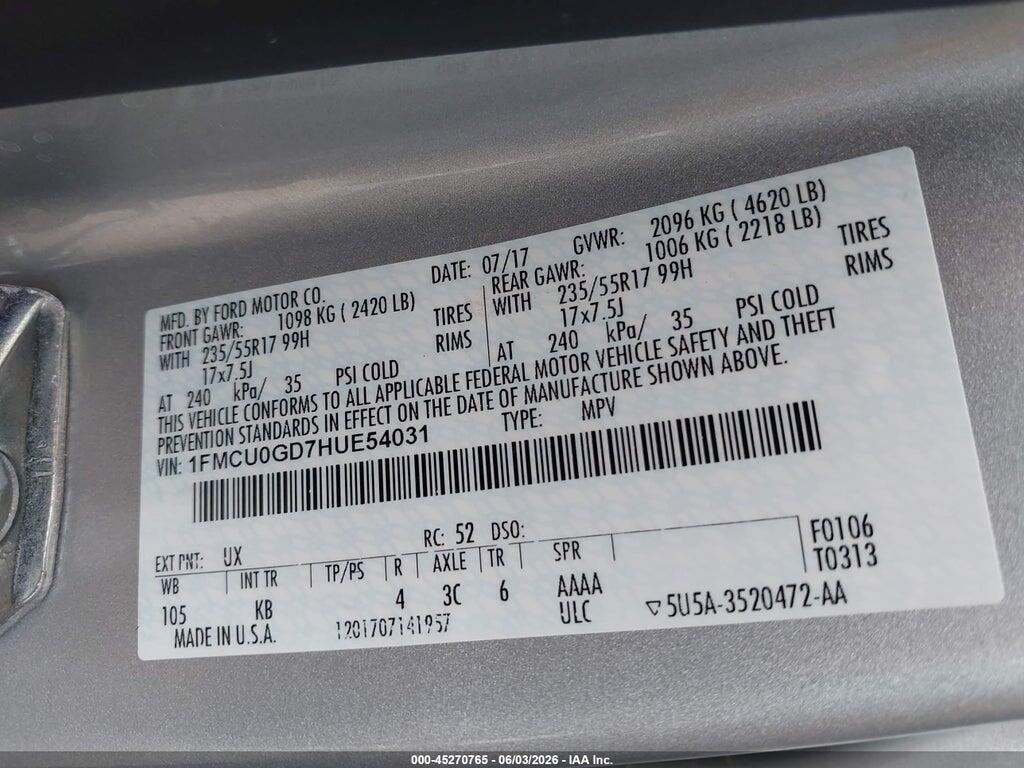 1FMCU0GD7HUE54031 2017 FORD ESCAPE photo no. 9