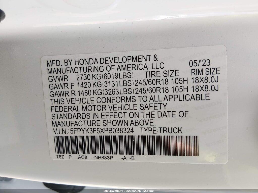 5FPYK3F5XPB038324 2023 HONDA RIDGELINE photo no. 9