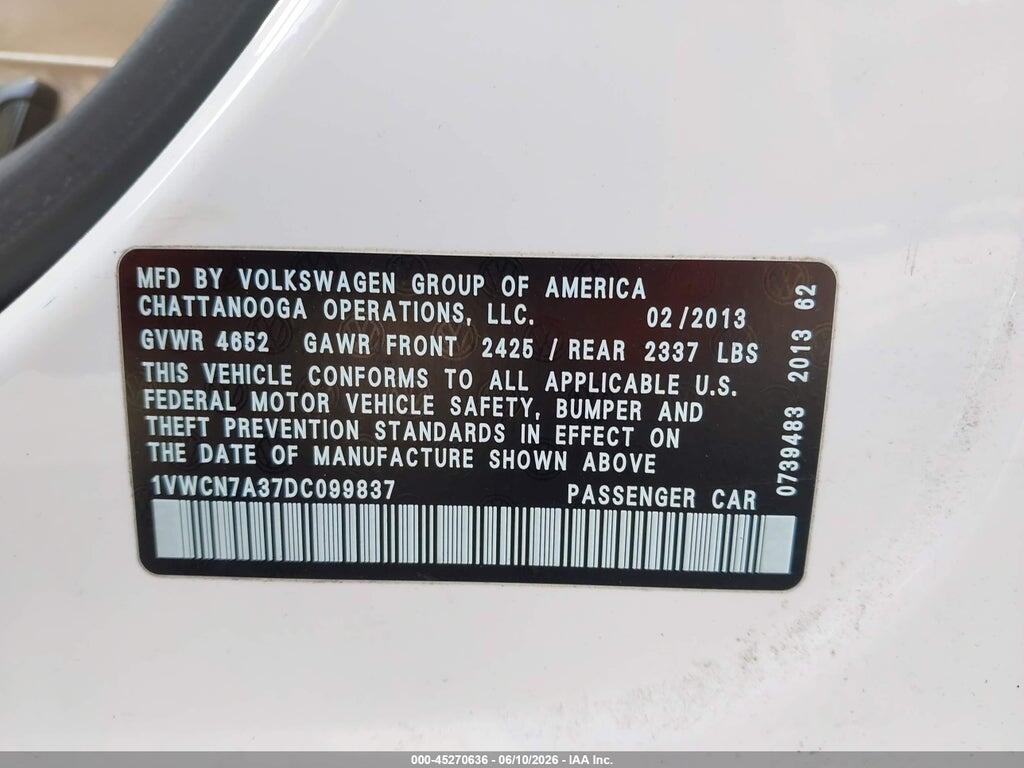 1VWCN7A37DC099837 2013 VOLKSWAGEN PASSAT photo no. 9
