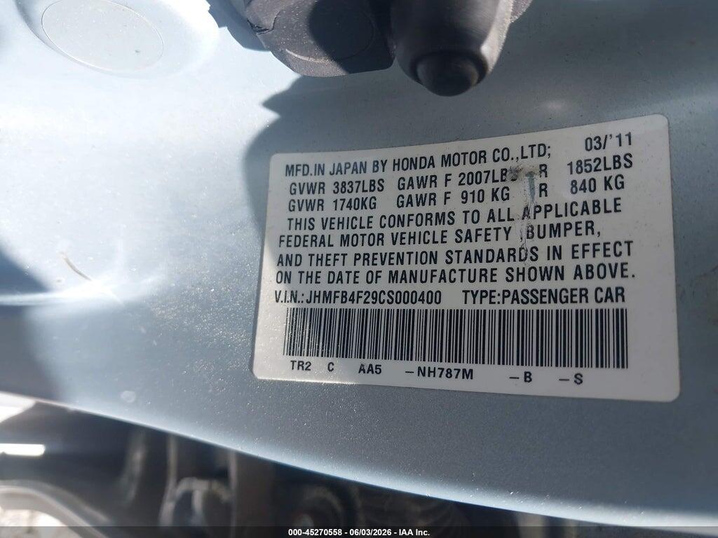 JHMFB4F29CS000400 2012 HONDA CIVIC HYBRID photo no. 9