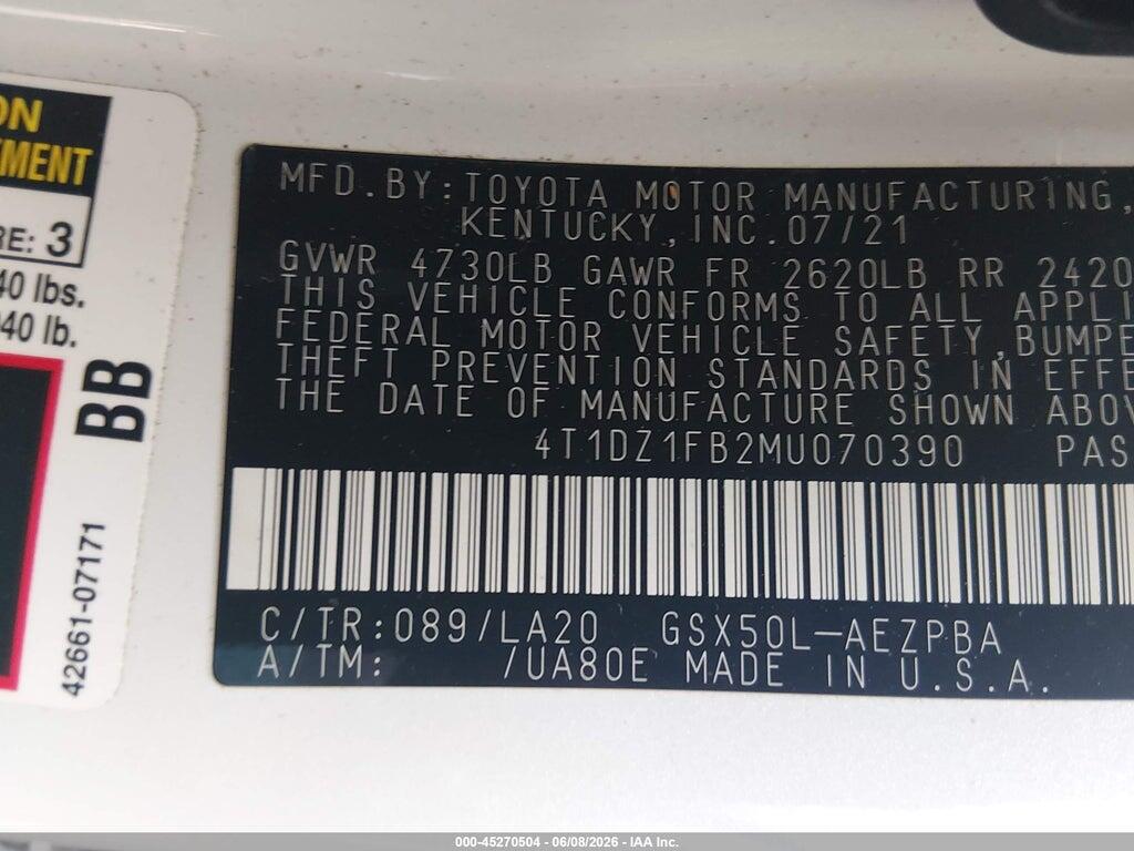 4T1DZ1FB2MU070390 2021 TOYOTA AVALON photo no. 9