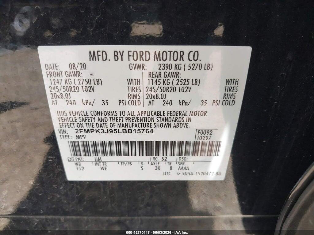2FMPK3J95LBB15764 2020 FORD EDGE photo no. 9
