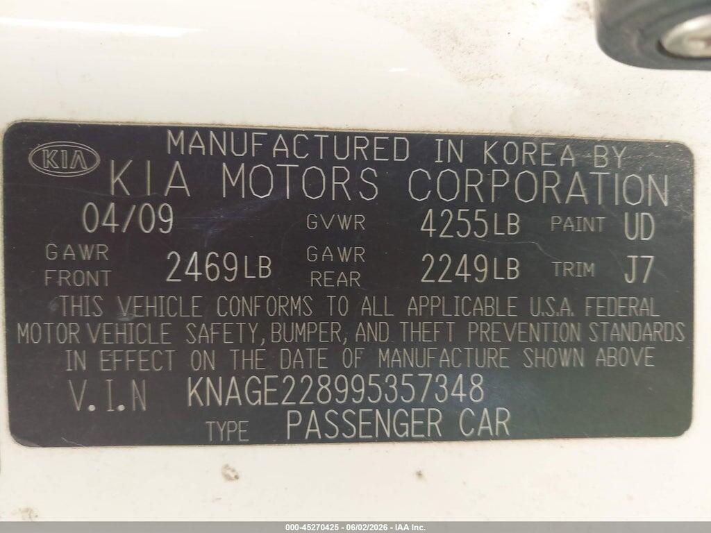 KNAGE228995357348 2009 KIA OPTIMA photo no. 9