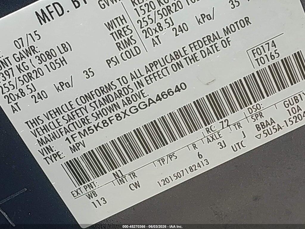 1FM5K8F8XGGA46640 2016 FORD EXPLORER photo no. 9