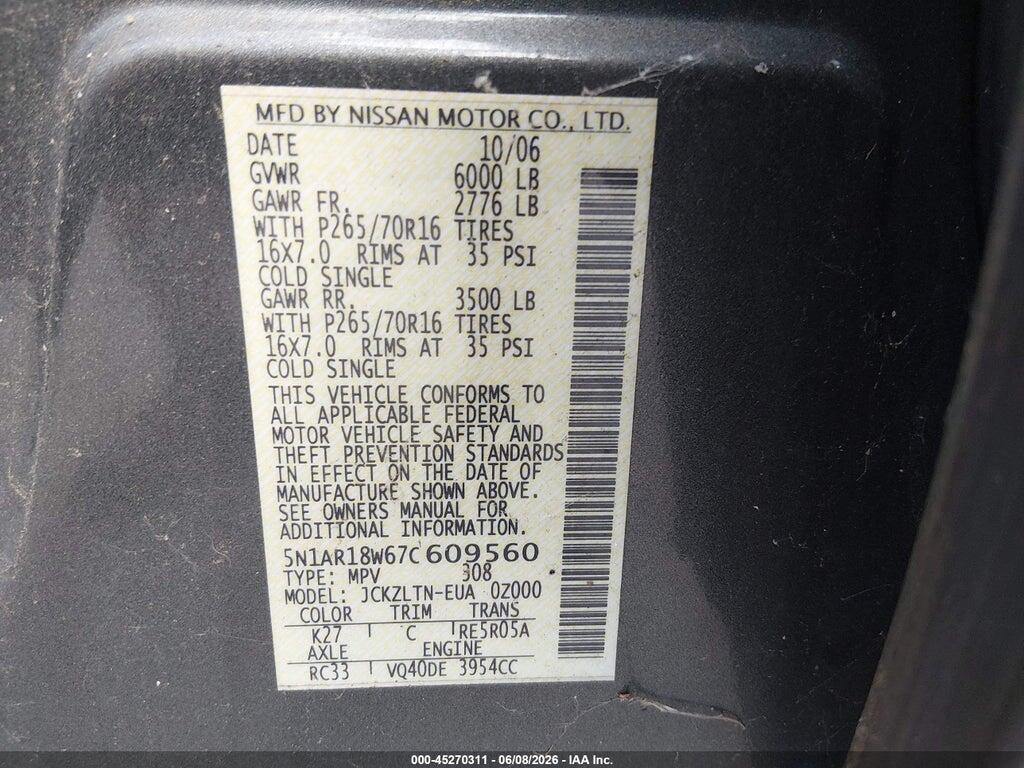 5N1AR18W67C609560 2007 NISSAN PATHFINDER photo no. 9
