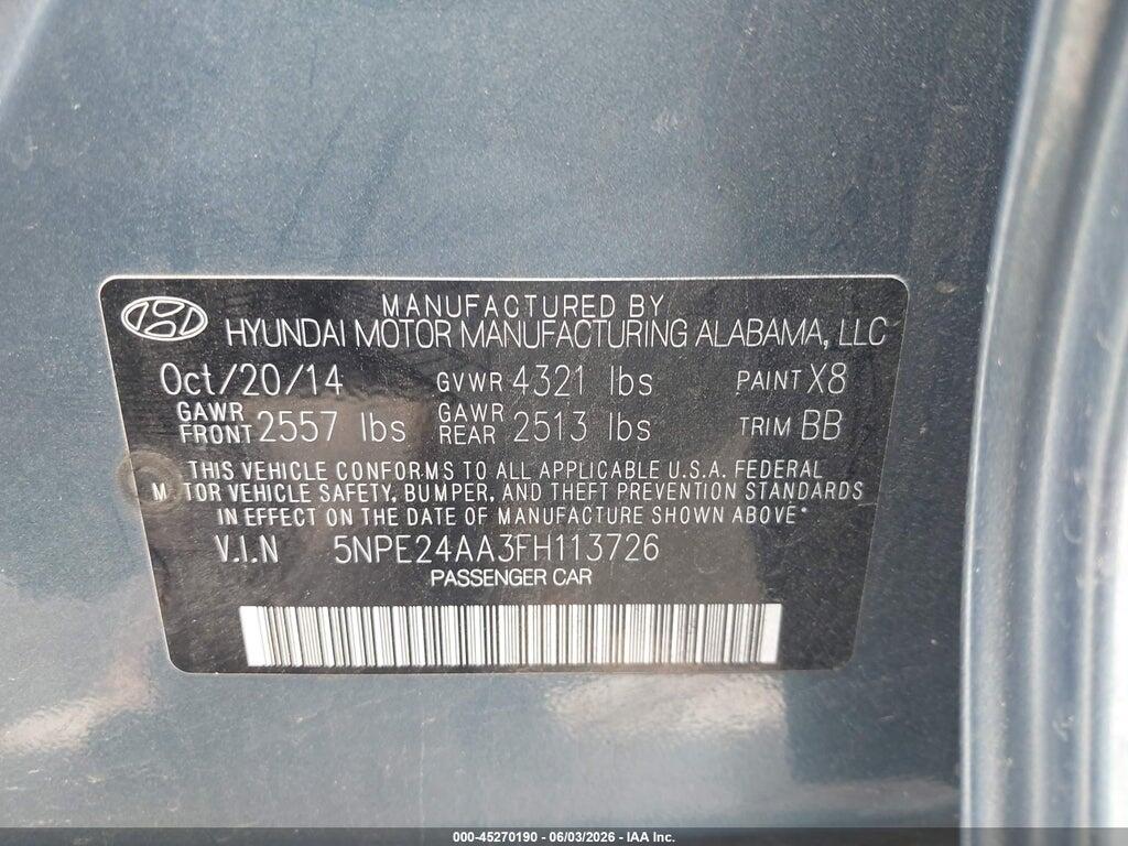5NPE24AA3FH113726 2015 HYUNDAI SONATA photo no. 9