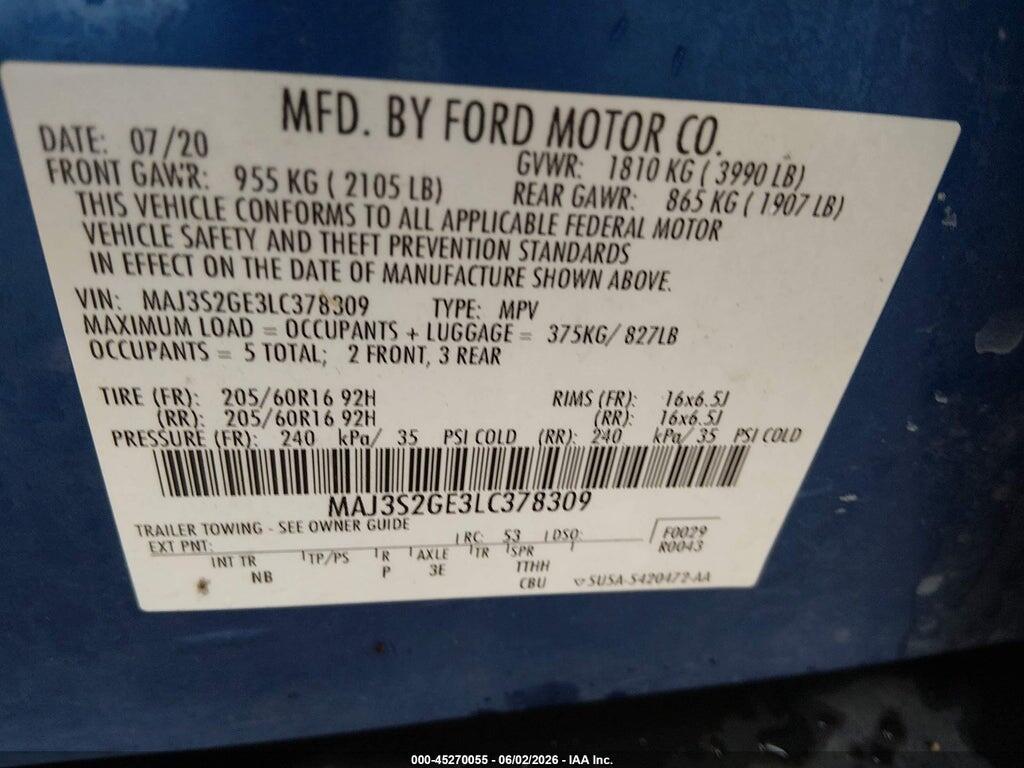MAJ3S2GE3LC378309 2020 FORD ECOSPORT photo no. 9