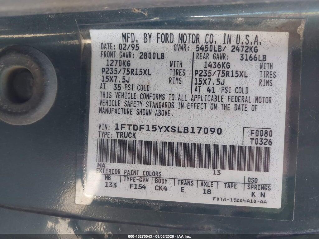 1FTDF15YXSLB17090 1995 FORD F150 photo no. 9