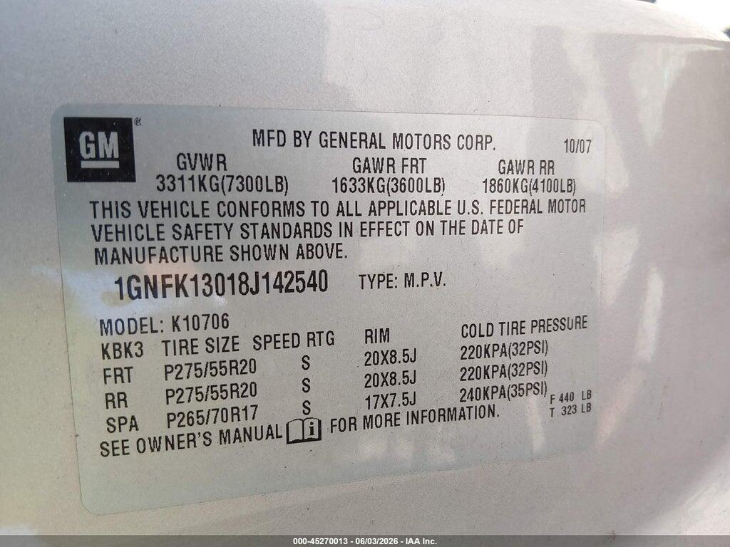 1GNFK13018J142540 2008 CHEVROLET TAHOE photo no. 9