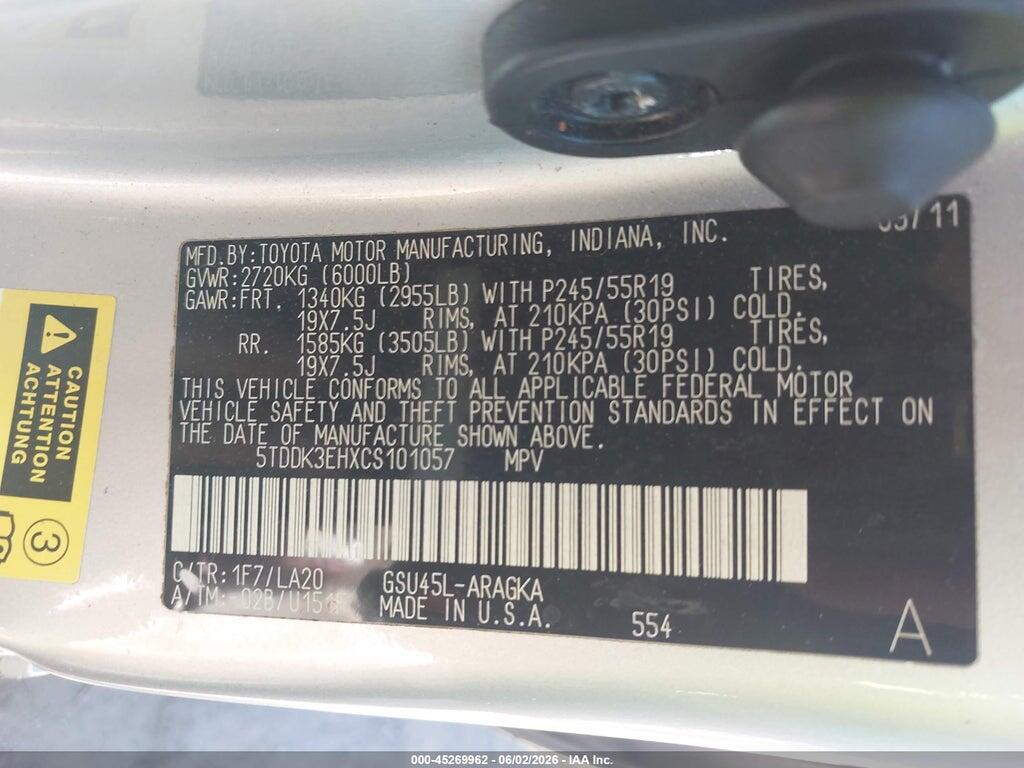 5TDDK3EHXCS101057 2012 TOYOTA HIGHLANDER photo no. 9