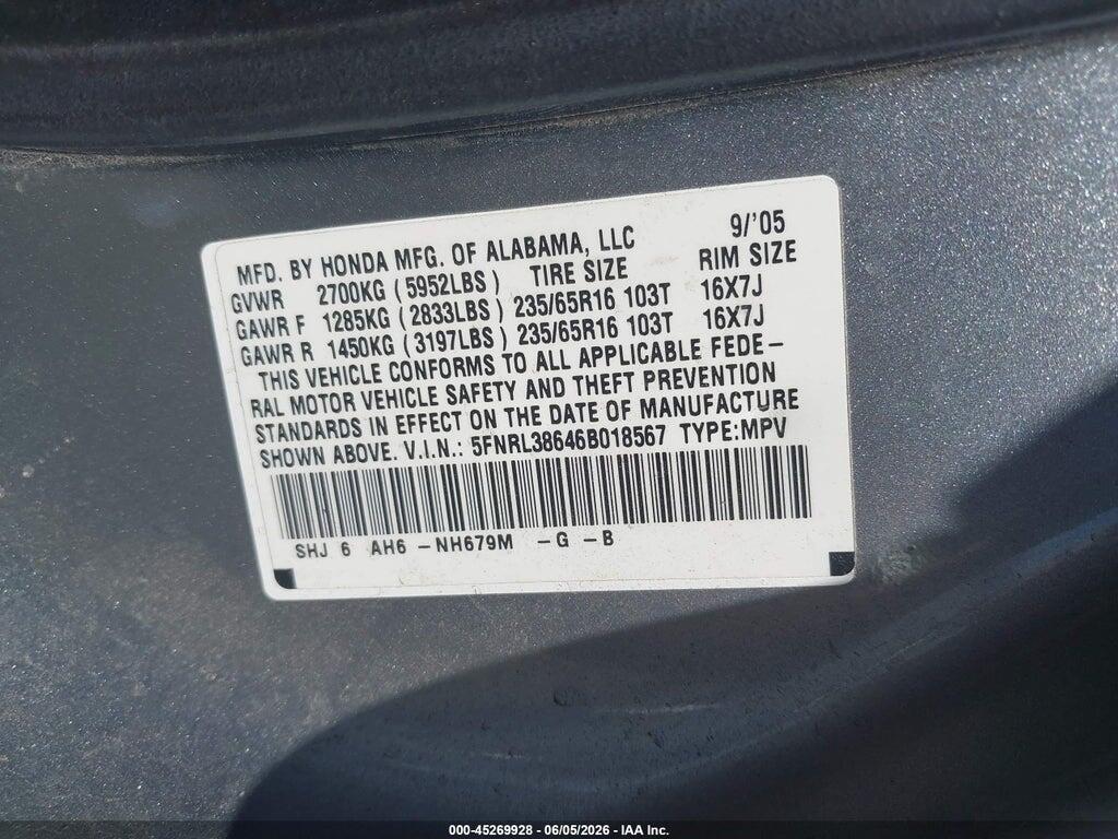 5FNRL38646B018567 2006 HONDA ODYSSEY photo no. 9