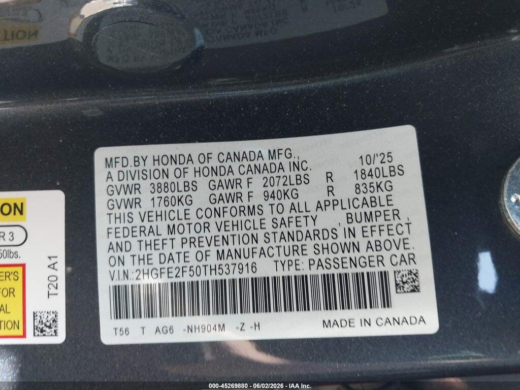 2HGFE2F50TH537916 2026 HONDA CIVIC photo no. 9