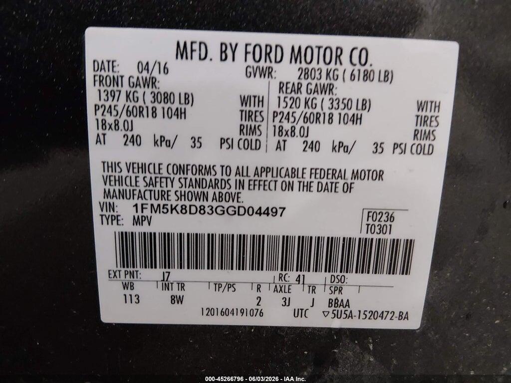 1FM5K8D83GGD04497 2016 FORD EXPLORER photo no. 9