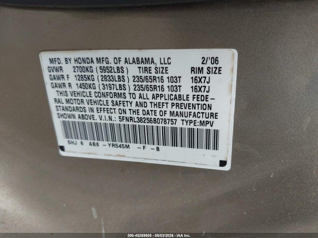 5FNRL38256B078757 2006 HONDA ODYSSEY photo no. 9