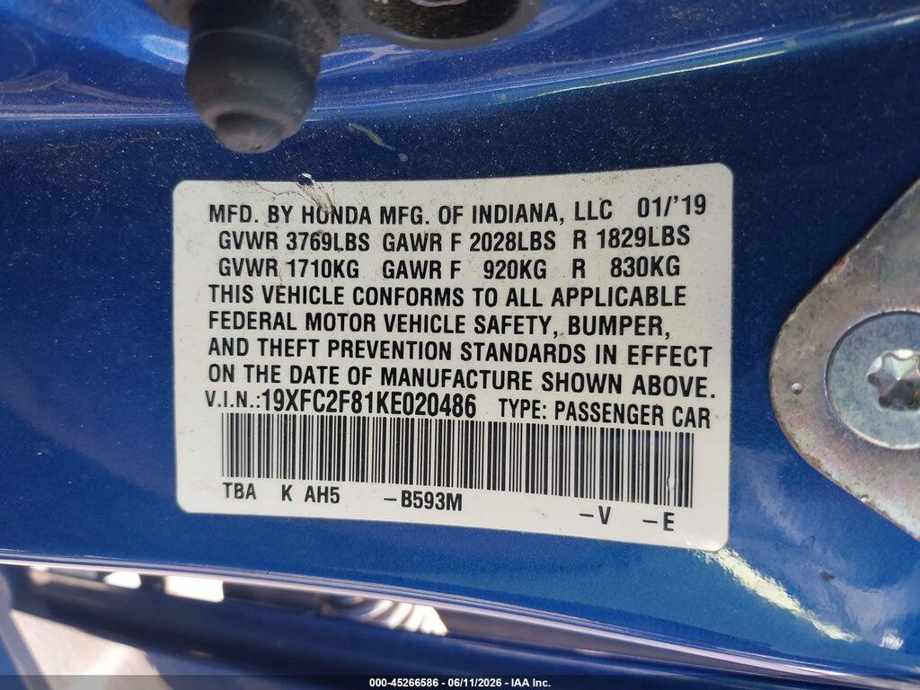 19XFC2F81KE020486 2019 HONDA CIVIC photo no. 9