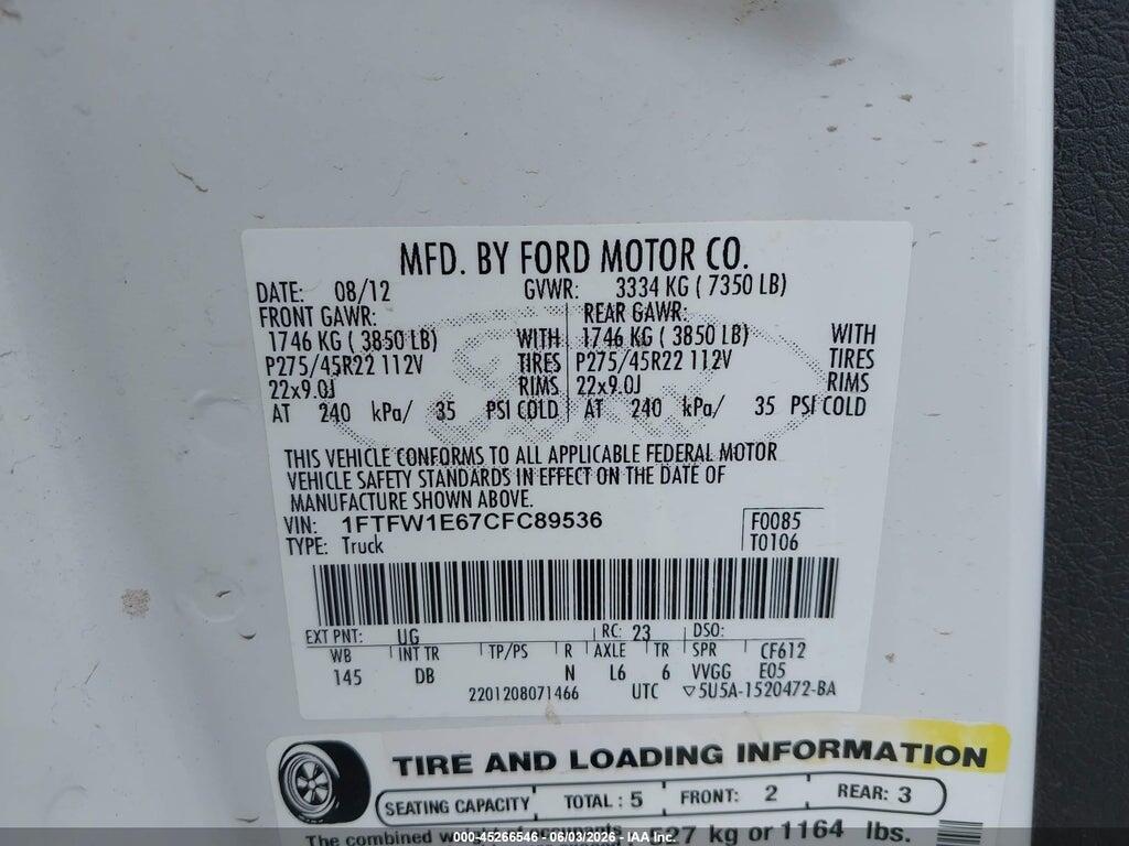 1FTFW1E67CFC89536 2012 FORD F-150 photo no. 9