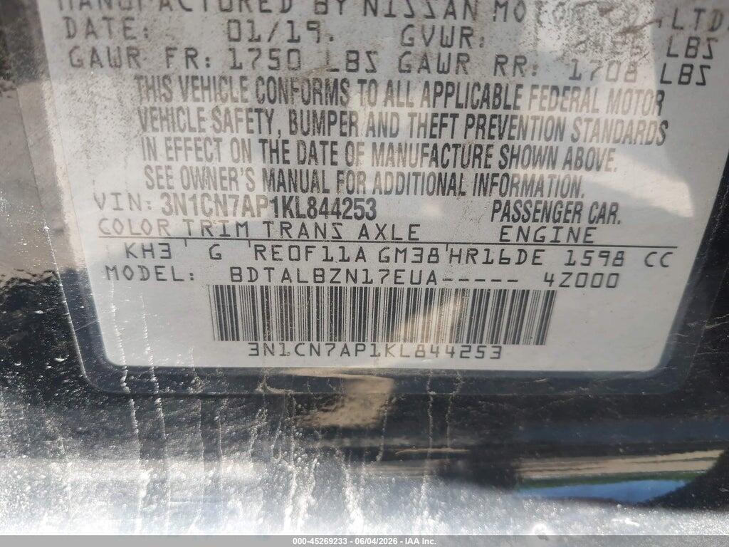 3N1CN7AP1KL844253 2019 NISSAN VERSA photo no. 9