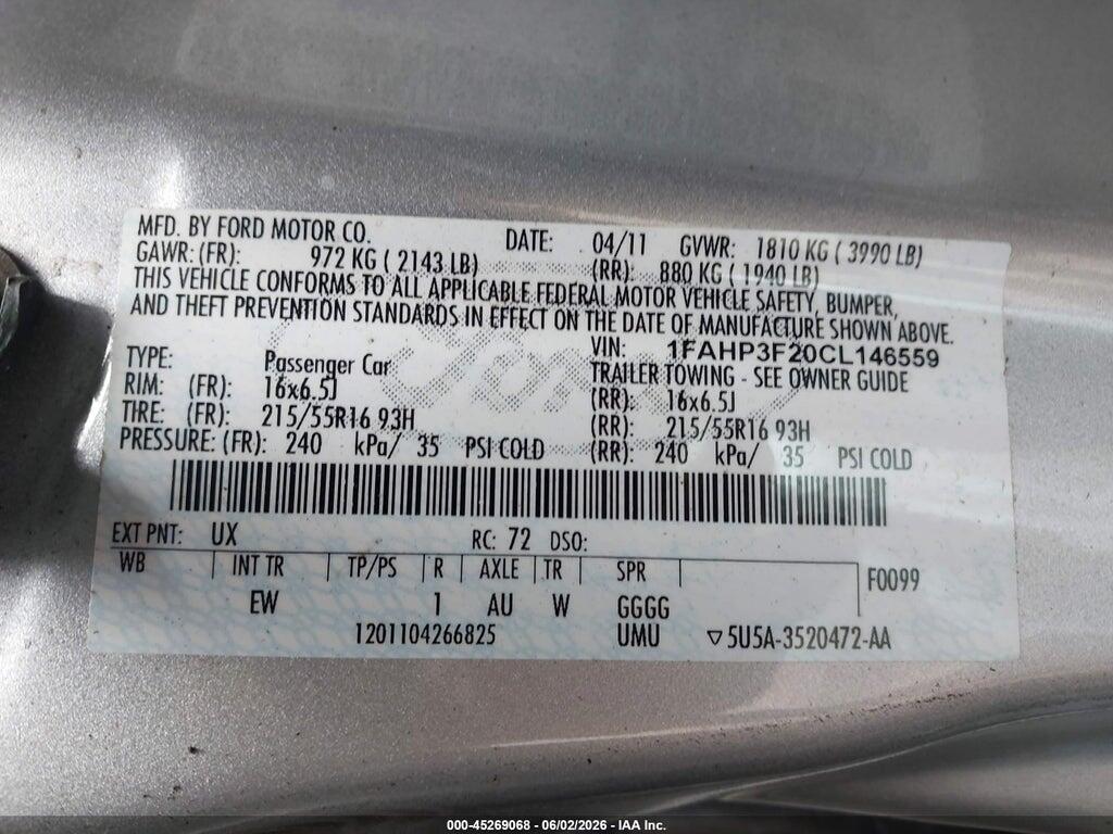 1FAHP3F20CL146559 2012 FORD FOCUS photo no. 9