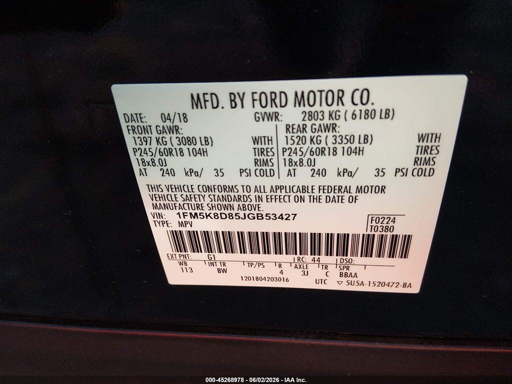 1FM5K8D85JGB53427 2018 FORD EXPLORER photo no. 9