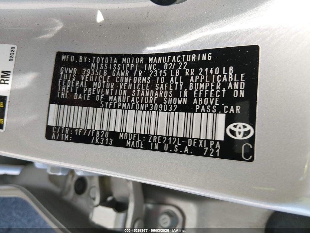 5YFEPMAE0NP309032 2022 TOYOTA COROLLA photo no. 9