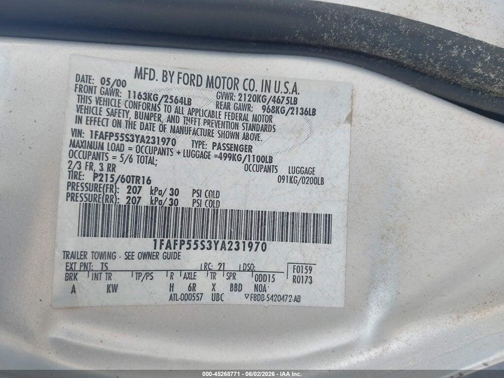 1FAFP55S3YA231970 2000 FORD TAURUS photo no. 9