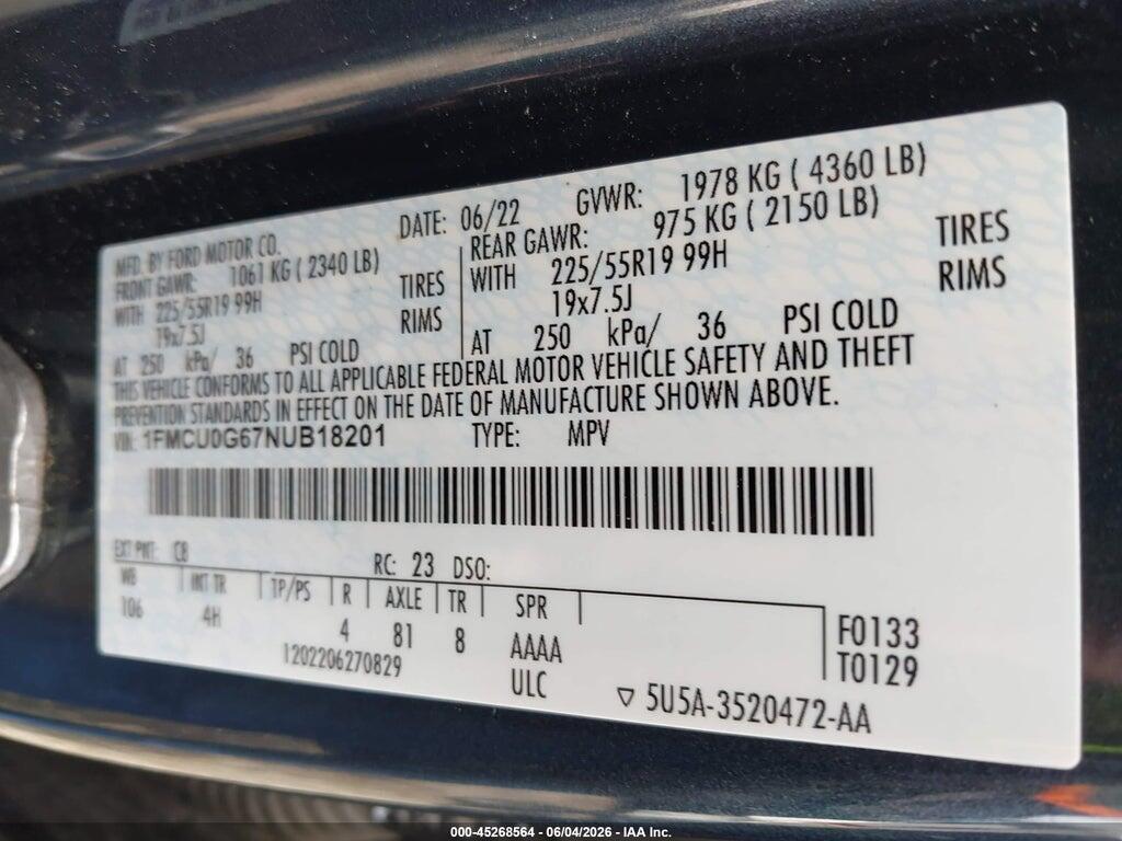 1FMCU0G67NUB18201 2022 FORD ESCAPE photo no. 9