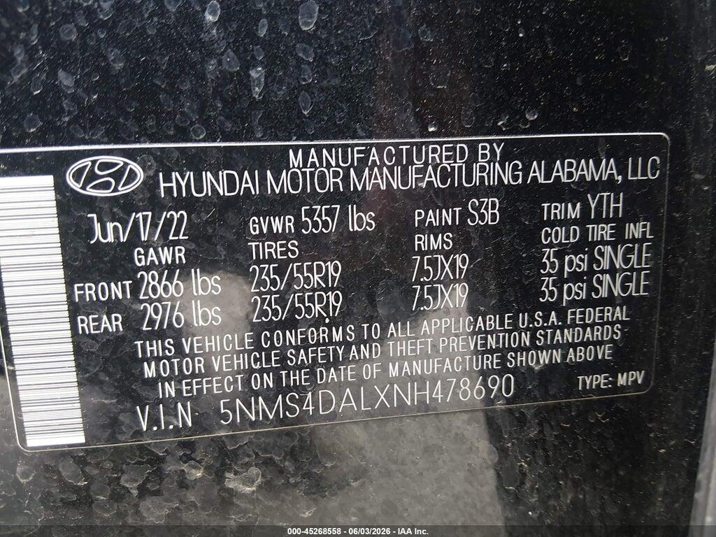 5NMS4DALXNH478690 2022 HYUNDAI SANTA FE photo no. 9