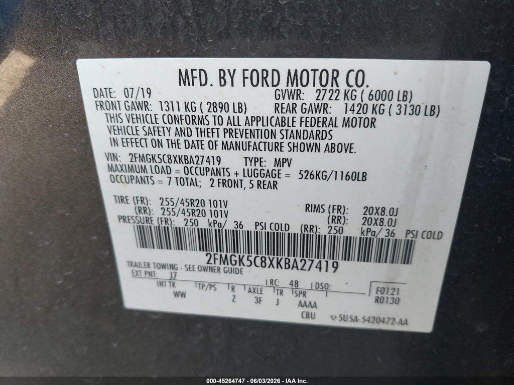 2FMGK5C8XKBA27419 2019 FORD FLEX photo no. 9