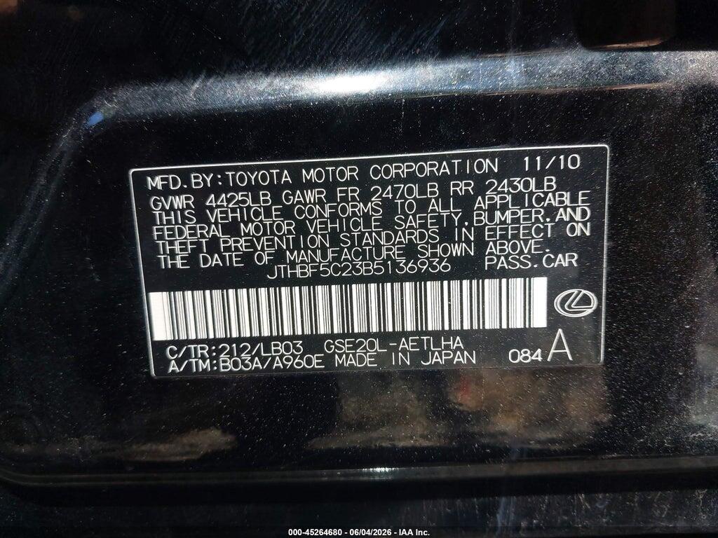 JTHBF5C23B5136936 2011 LEXUS IS 250 photo no. 9