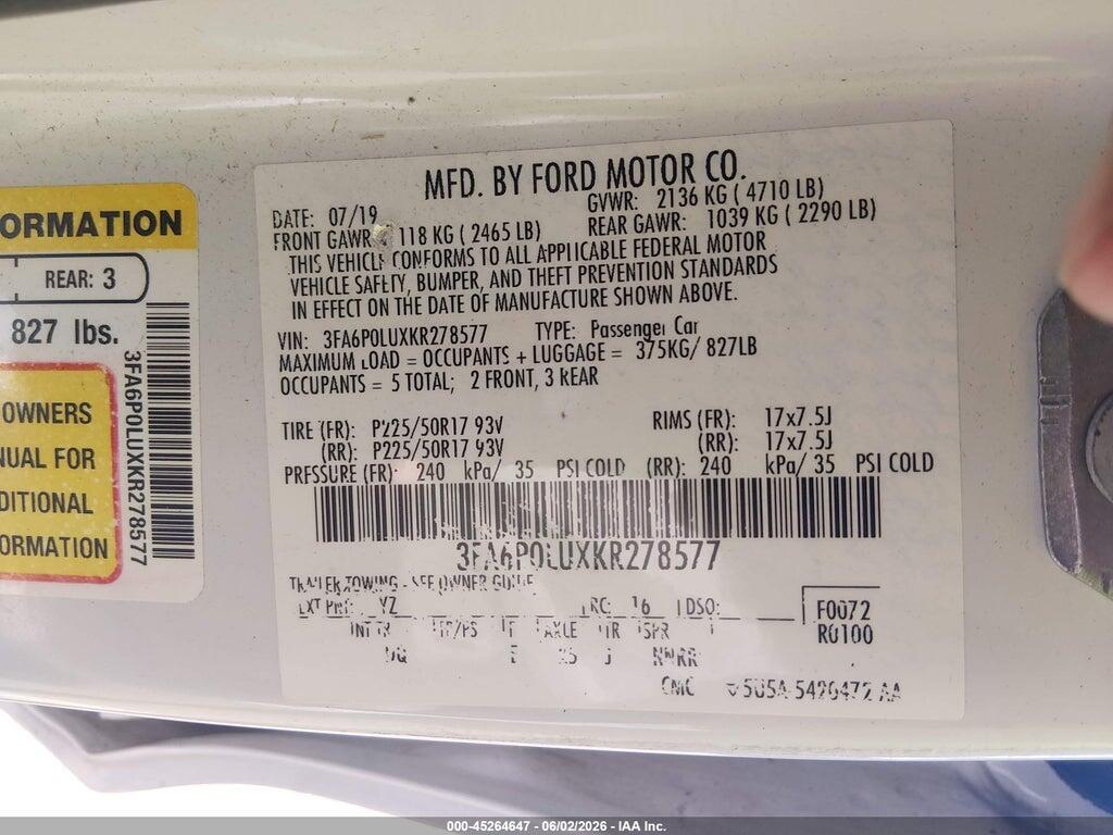 3FA6P0LUXKR278577 2019 FORD FUSION HYBRID photo no. 9
