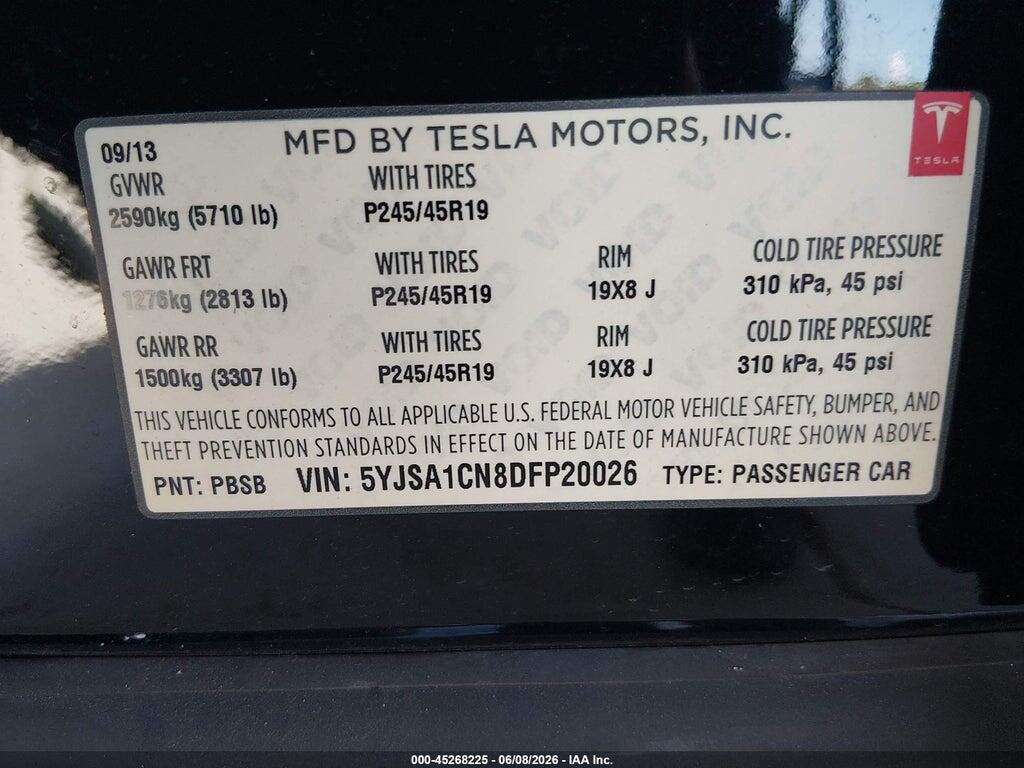 5YJSA1CN8DFP20026 2013 TESLA MODEL S photo no. 9