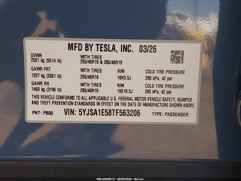 5YJSA1E58TF563206 2026 TESLA MODEL S photo no. 9