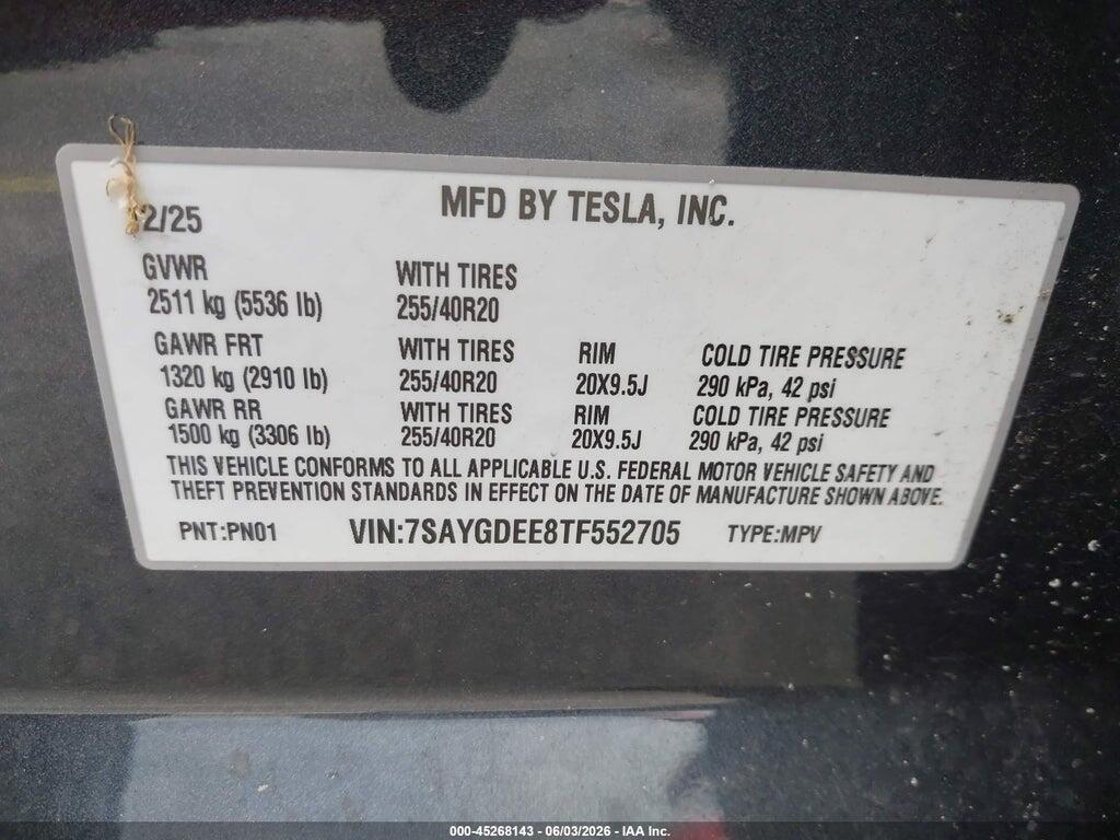 7SAYGDEE8TF552705 2026 TESLA MODEL Y photo no. 9