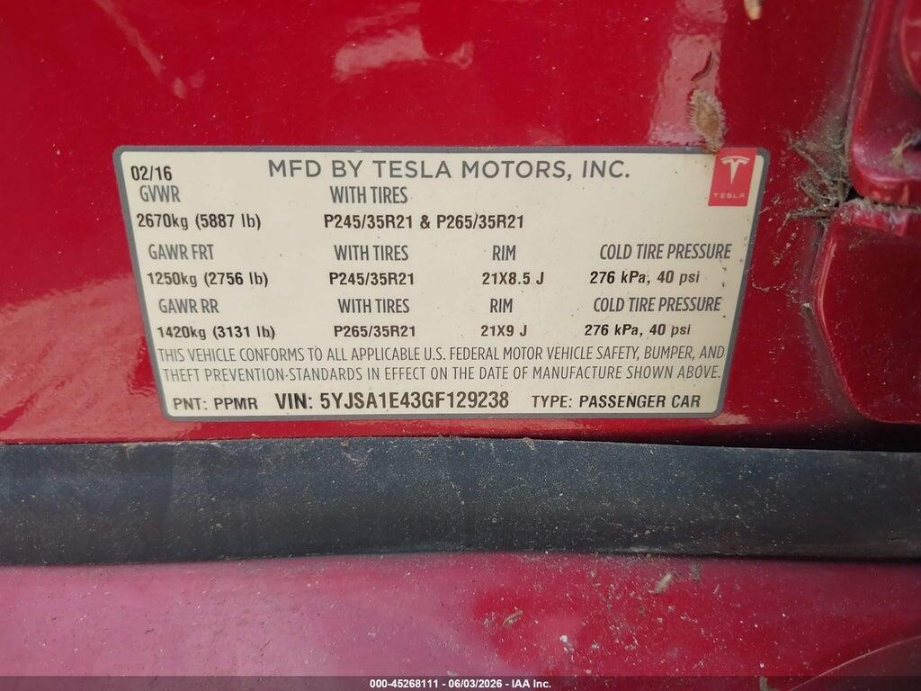 5YJSA1E43GF129238 2016 TESLA MODEL S photo no. 9