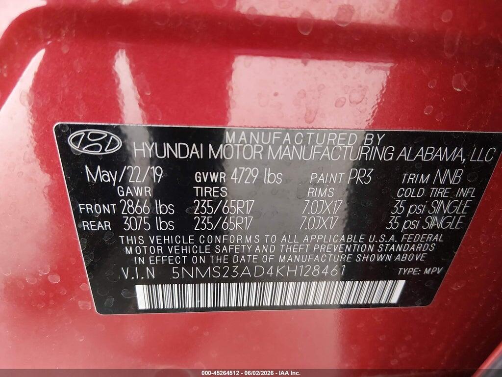 5NMS23AD4KH128461 2019 HYUNDAI SANTA FE photo no. 9